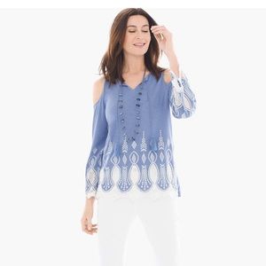 Chico’s Soft Blue Cold Shoulder with White Embroidery details S EUC